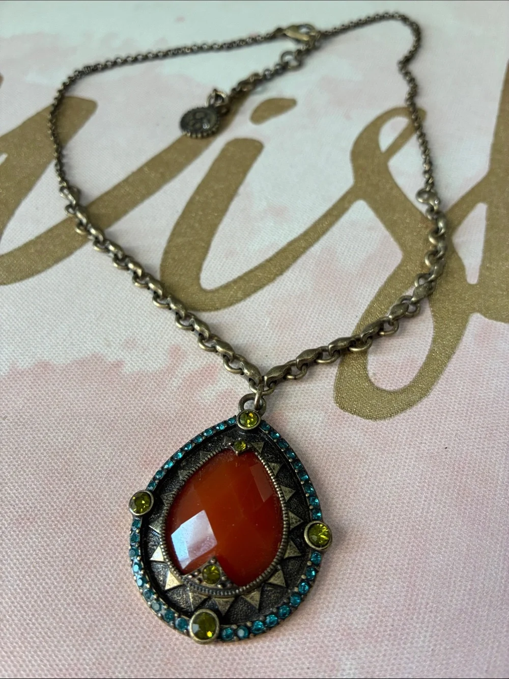 Jessica Simpson Orange Teardrop Pendant Necklace with Blue and Lime Accents